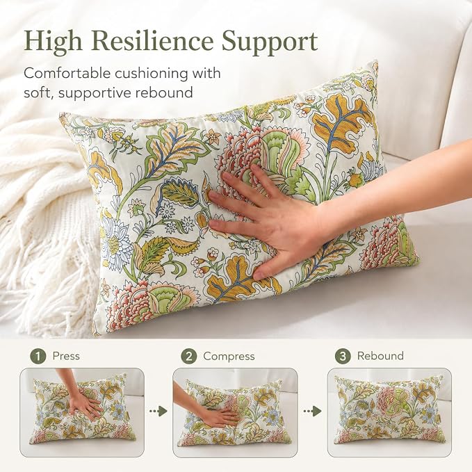 Outdoor Lumbar Pillows 12x20, 2 Pack with Inserts,Yellow Floral | 2-Pack 12x20 Outdoor Lumbar Pillows with Inserts, Water-Repellent Covers, Hidden Zippers, Plump Comfort for Patio & Sofa