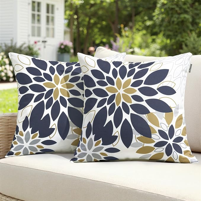 Floral Outdoor Pillow Covers Black Brown 18x18 Set of 2 | Waterproof Throw Pillow Cases Spring Decorative Summer Cushion Covers for Patio Furniture Garden Bench Porch Sofa