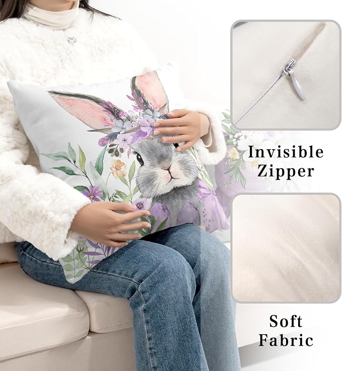 2 Pack Easter Throw Pillow Covers Floral Cross He is Risen Pillow Covers 18x18 Bunny Pillow Cases Purple Eggs Lovely Rabbits Cushion Cases for Home Farmhouse Spring Decor