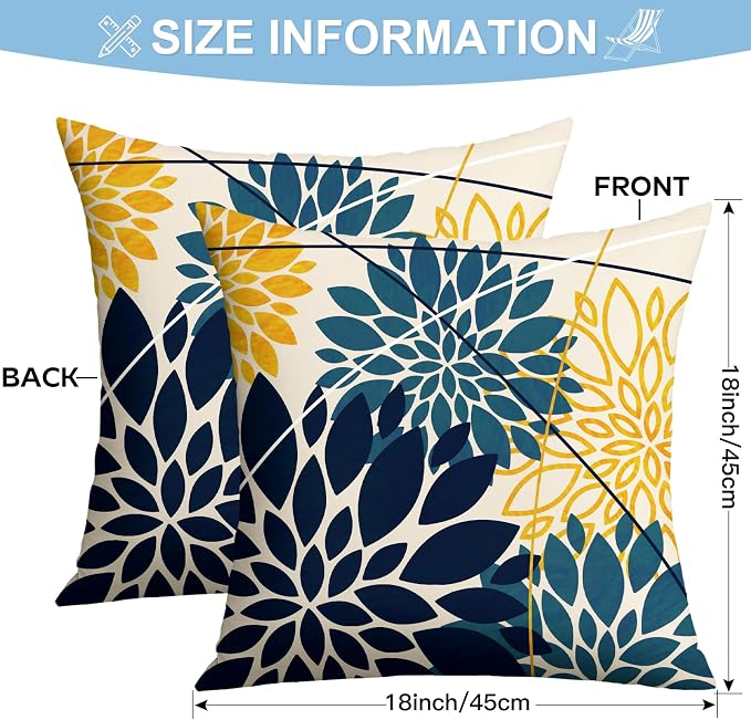 OTOSTAR Outdoor Dark Blue Yellow Cyan Pillow Covers 18x18 Inch Set of 2 Flower Throw Pillows Farmhouse Geometric Dahlia Floral Square Cushion Case Waterproof Decor for Sofa Patio Funiture Garden