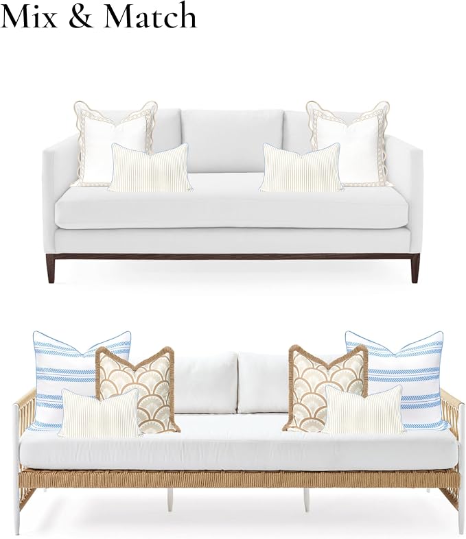 Hofdeco Premium Coastal Hampton Patio Indoor Outdoor Lumbar Pillow Cover Only, 12"x20" Water Repellent for Backyard, Couch, Poolside, Neutral Tan Blue Print Stripes