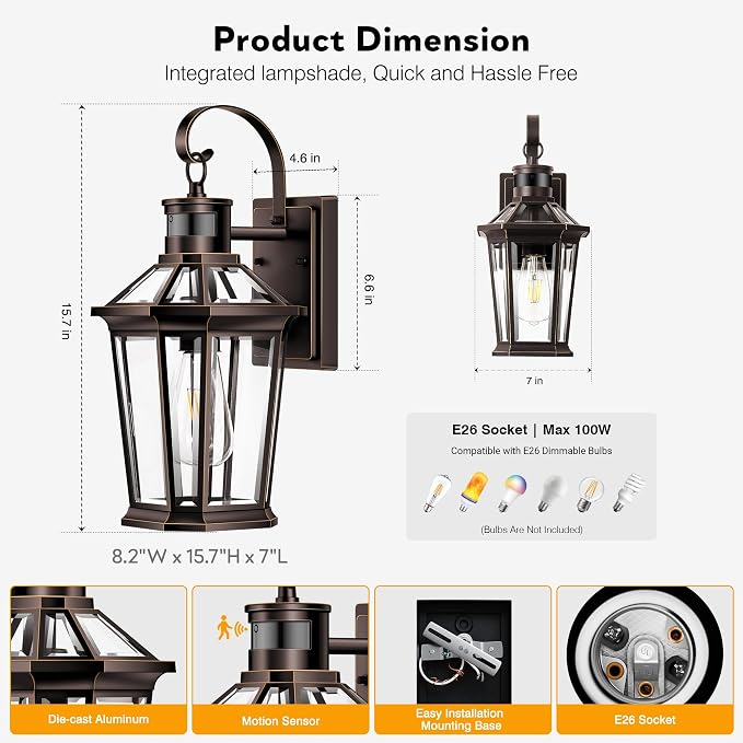 VIANIS Motion Sensor Porch Lights Outdoor Wall Sconce, Aluminum Dusk to Dawn Outdoor Lighting, Waterproof Oil Rubbed Bronze Gold Trim Exterior Lighting Fixtures, Outside Wall Lights for House, Garage
