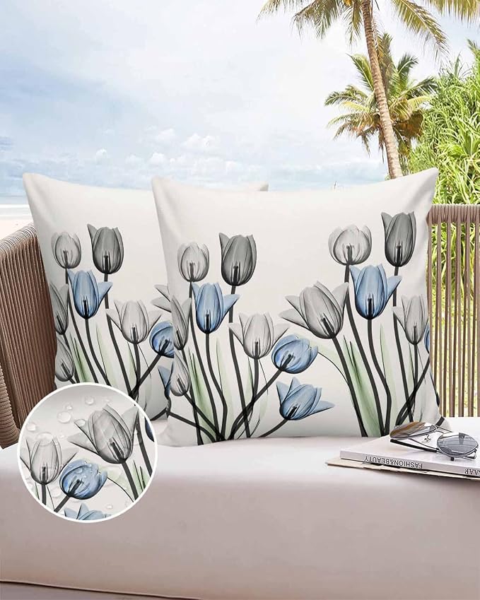 Vandarllin Outdoor Throw Pillows Covers 16X16 Set of 2 Waterproof Gray Blue Tulip Decorative Zippered Lumbar Cushion Covers for Patio Furniture, Spring Summer Flowers Floral