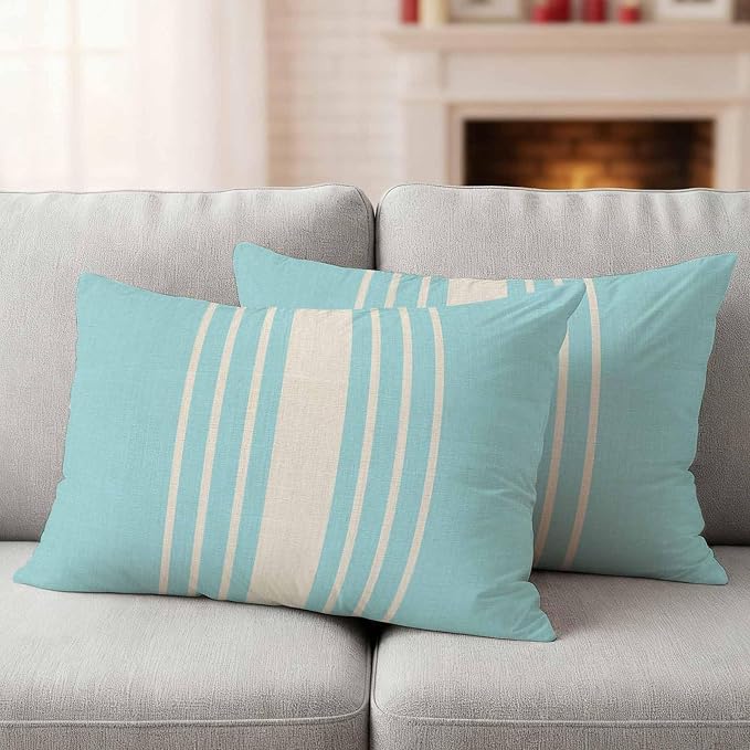 Lumbar Pillow Covers 20x12 Inch Set of 2, Aqua Beige Striped Waterproof Outdoor Cushion Covers, Modern Farmhouse Retro Lines Decorative Pillowcases for Couch, Sofa, Bed, Garden, Patio