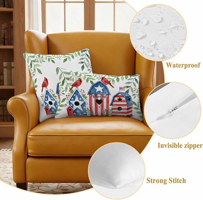 American Flag Bird House Outdoor Pillow Covers Waterproof, All Weather Cushion Case Set of 2, Green Eucalyptus Leaves 250th Decorative Pillowcases for Sofa Couch Bed Decor Patio Furniture 18"x18"