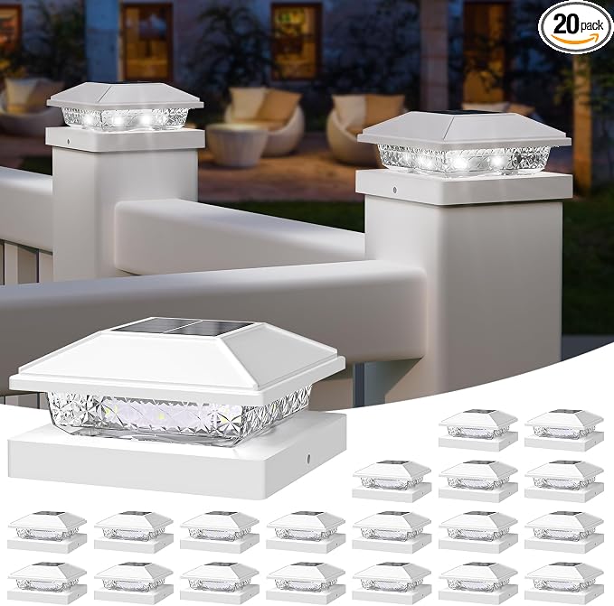 Solar Post Cap Lights,4x4 Post Solar Light,Cool White,20 Pack White | Fence Post Solar Lights for 4x4 Post Caps Wood Vinyl &5x5 Vinyl Post,IP64 Waterproof Solar Post Lights Outdoor for Deck