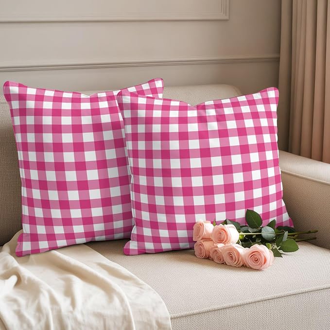 Hot Pink Checks Outdoor Pillow Covers 20"x20" Set of 2, Gingham Plaid Abstract Modern Minimalist Waterproof Throw Pillow Covers for Patio Furniture, Decorative Cushion Covers for Porch