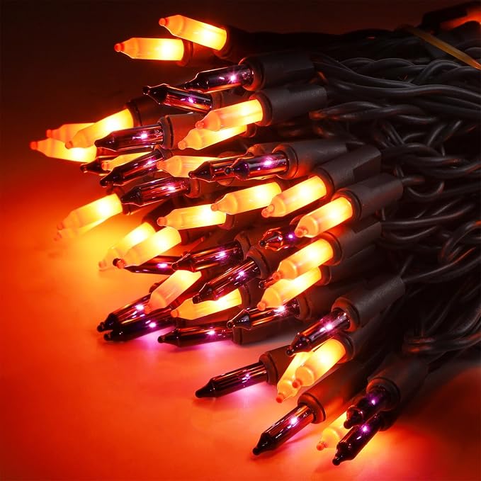 LJLNION 3 Sets Halloween Lights, 29ft 150 Count Black Wire Fairy Mini Lights, 120V UL Certified Incandescent Light String, Connectable for Garden Patio Holiday Party Outdoor Decor, Orange & Purple