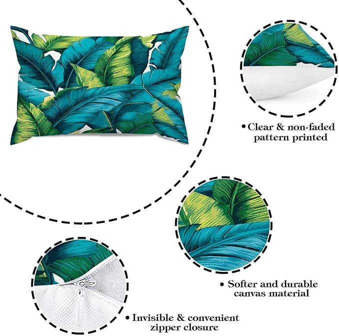 Set of 2 Turquoise Lime Green Teal Blue Aqua Tropical Plants Pillow Cases 12x18in Cushion Covers Farmhouse Pillows Covers for Couch Living Room Office Soft Rectangle Accent Pillowcase for Kids