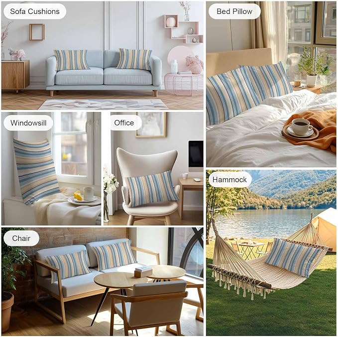 Blue Brown Beige Outdoor Pillow Covers 20x12 Inch Lumbar Pillow Covers Set of 2 Waterproof Decorative Throw Pillow Cases Boho Farmhouse Abstract Stripes Art Cushion Covers for Patio Furniture Garden