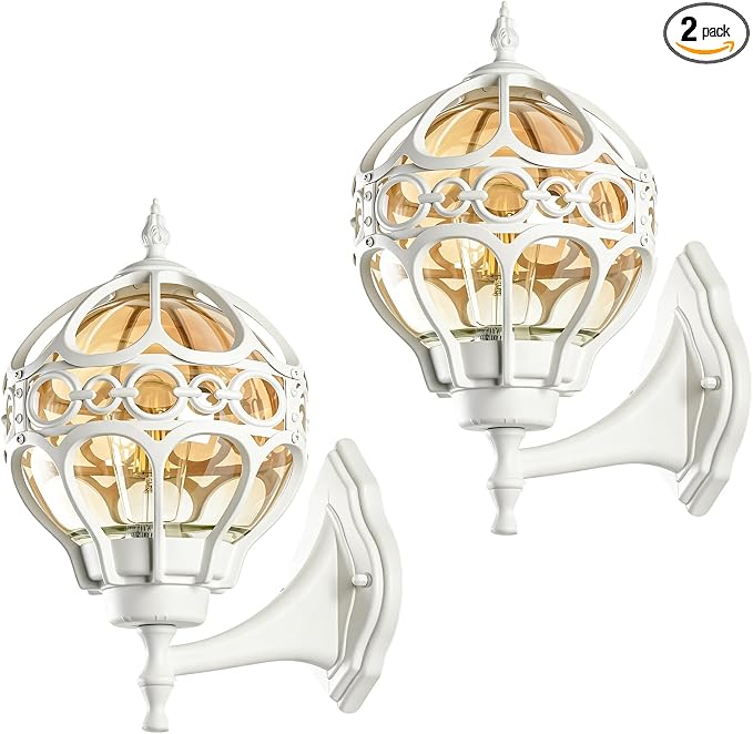 2 Pack White Globe Outdoor Wall Lights, Round Exterior Wall Sconce for Patio, Porch, Entryway, Anti-Rust Aluminum Wall Mount Lighting Fixture, Outside Wall Lantern with Amber Glass & Ornate Cage