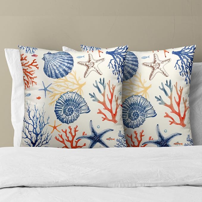 Nautical Coastal Throw Pillow Covers 22x22 Set of 2, Summer Ocean Beach Coral Decorative Pillow Cases Cotton Cushion Cover for Home Sofa Couch Wedding Anniversary Decor