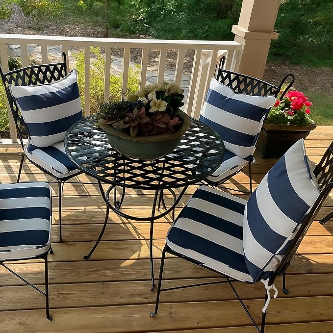 Outdoor Throw Pillow with Insert 18x18 Inch, Set of 2, Piping Edge Waterproof Fade Resistant Decorative Fluffy Pillows for Patio Furniture Chair Bench Couch Sofa - Navy White Striped