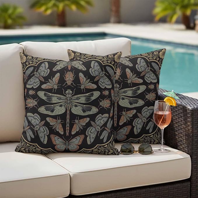 Vintage Dragonfly Outdoor Waterproof Throw Pillow Covers 16 x 16 Inches Set of 2 Butterfly Moth Insects Summer Black Decorative Cushion Cover Pillowcase for Garden Patio Tent Beach Sofa Couch