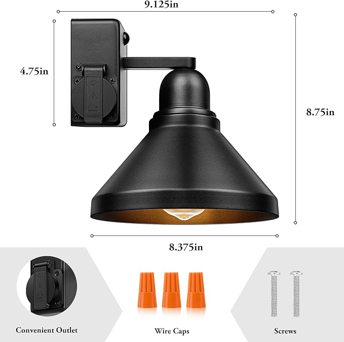 Motion Sensor Outdoor Wall Lights, Dusk to Dawn Porch Lights Outdoor Wall Sconces, Exterior Barn Lighting Fixtures with Outlet, Black Outside Lights for House, 2-Pack