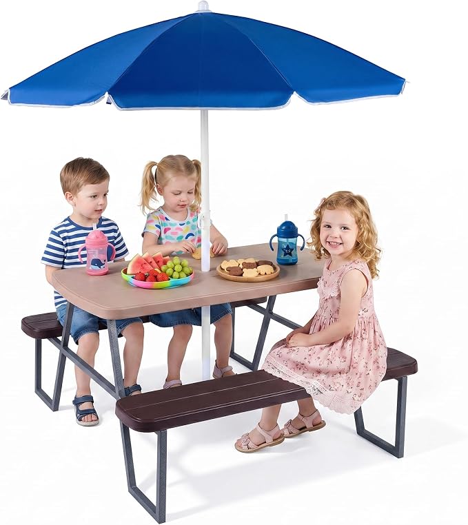 Costzon Kids Picnic Table, Toddler Outdoor Table & Bench Set with Removable Umbrella, HDPE Tabletop, Metal Frame, Kids Outdoor Furniture for Patio Backyard Garden, Fits 4 Children Age 3+ (Coffee)