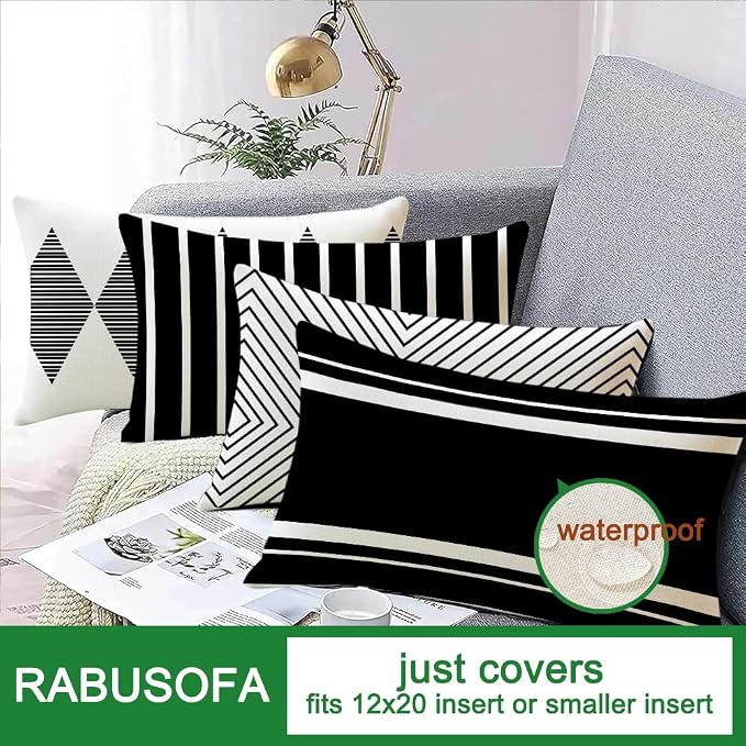 Outdoor Pillows Covers 12x20 Waterproof,Black and Beige Set of 4(No Insert) | for Covered Patio Furniture Sunbrella,No Insert Just Covers,Durable Polyester,Fit 12x20 inch Inserts or Smaller,Boho Lumbar
