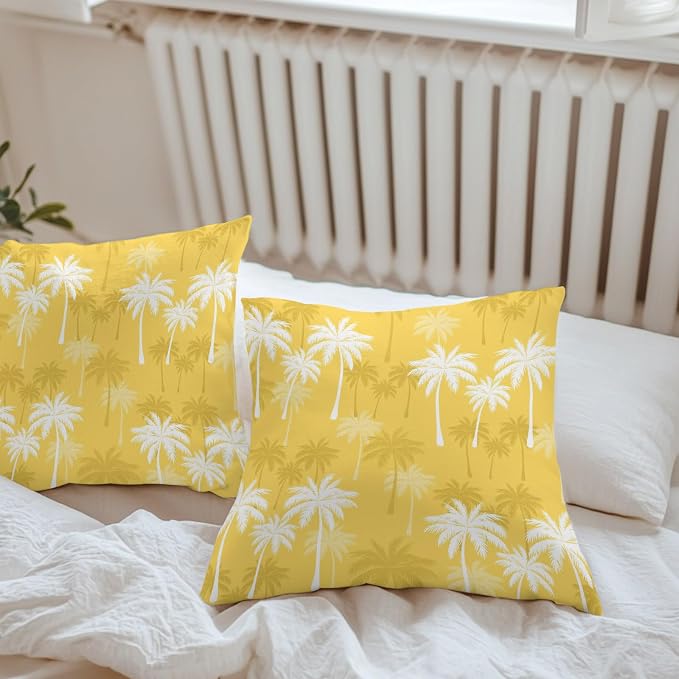 Throw Pillow Covers 26x26 Inch Set of 2, Tropical Palm Tree Waterproof Outdoor Pillow Covers, Yellow White Plants Coastal Leaf Beach Decorative Cushion Pillowcases for Couch, Sofa, Bed, Garden, Patio