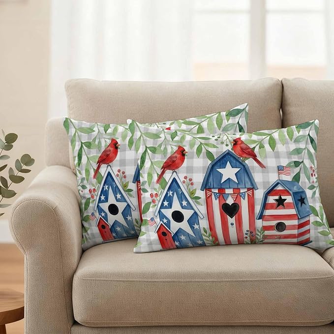 American Flag Bird House Outdoor Pillow Covers Waterproof, All Weather Cushion Case Set of 2, Green Eucalyptus Grey Plaid 250th Lumbar Pillowcase for Sofa Couch Bed Decor Patio Furniture 20"x12"