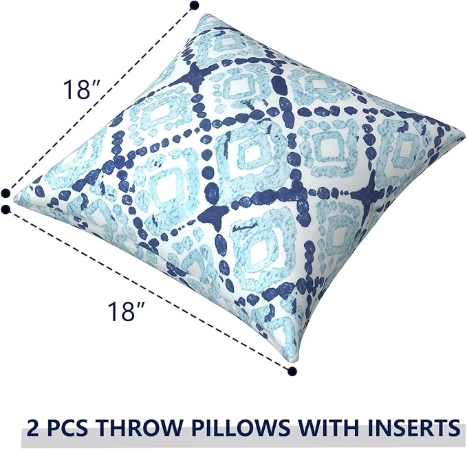 Outdoor Pillows for Patio Furniture 18x18 inch, Square Outdoor Throw Pillows with Inserts, Decorative Toss Pillows for Garden Couch Home Sofa Office Chair, Pack of 2, Boho Geometry Blue
