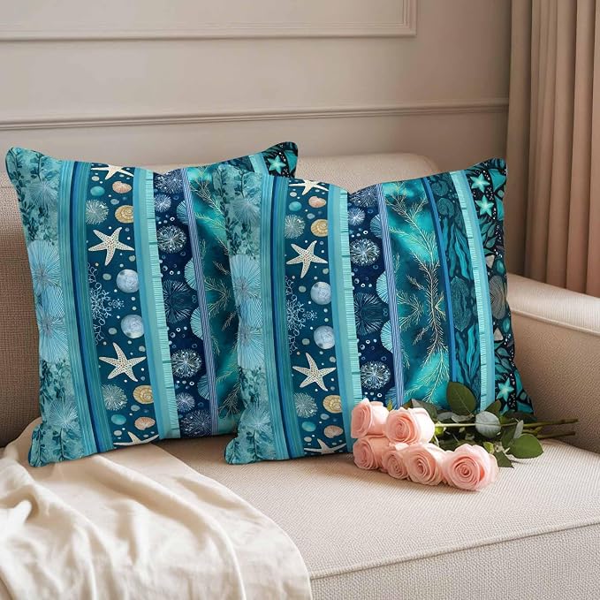 Turquoise Ocean Outdoor Waterproof Throw Pillow Covers Set of 2, 26"x26", Blue Stripes Starfish Coral Seaweed Luxury Decorative Pillow Covers Outside Cushion Case for Patio Porch Garden