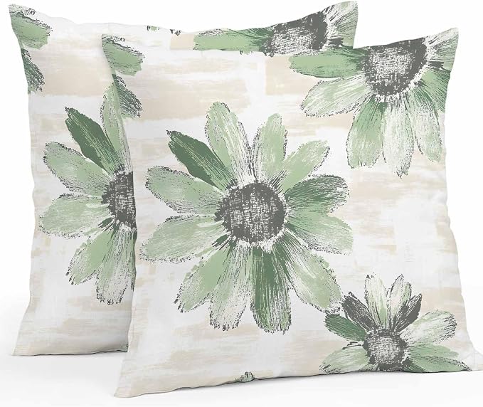 Vandarllin Outdoor Throw Pillows Covers 24x24 inch Set of 2 Waterproof Green Sunflower Decorative Zippered Cushion Covers for Patio Furniture, Floral Field Lumbar Pillowcases