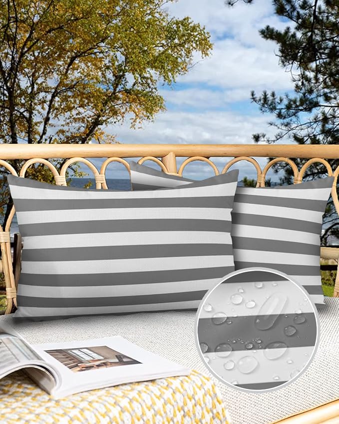 Lumbar Throw Pillow Covers 12x20 Outdoor Waterproof Pillow Covers for Patio Furniture Grey White Stripes Decorative Throw Pillow Cover Striped Pillowcases Set of 2 Cushion Case for Sofa Couch Chair