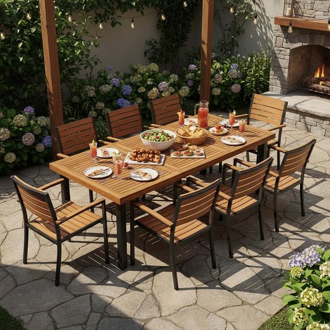 Tangkula 79" Acacia Wood Patio Dining Table for 8, Large 8-Person Outdoor Dining Table with 1.9" Umbrella Hole, Metal Legs & Adjustable Foot Pads, Rectangular Outside Table for Garden, Poolside & Yard
