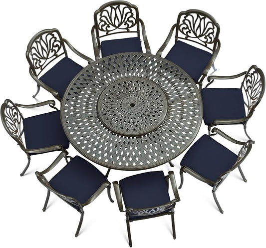 VIVIJASON 9-Piece Patio Furniture Dining Set, Rust-Free Cast Aluminum Outdoor Conversation Set, Include 8 Cushioned Chairs & 61" Round Dining Table with 31" Lazy Susan, Umbrella Hole, Navy Blue