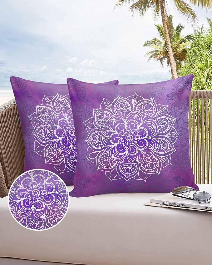 Vandarllin Outdoor Throw Pillows Covers 18x18 inch Set of 2 Waterproof Purple Boho Floral Decorative Zippered Cushion Covers for Patio Furniture, Bohemian Flower Lumbar Pillowcases