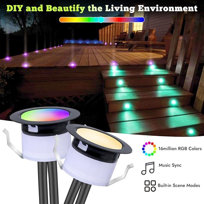 LED Deck Lights Kit, 10pcs Φ1.22 WiFi Smart Phone Control Low Voltage Recessed RGBW Deck Lighting Waterproof Outdoor Yard Path Stair Decor, Black