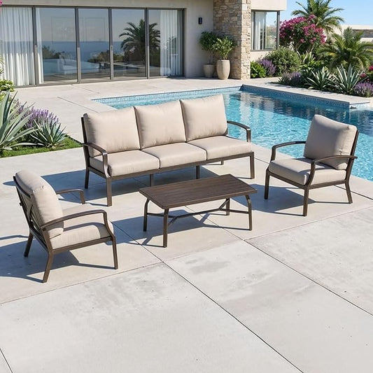 4-Piece Patio Sofa Set, Never-Rust Aluminum Patio Conversation Set with Coffee Table, Patio Furniture Set Outdoor Sofa Set with Removable Cushions for Backyard, Porch, Poolside, Dark Bronze