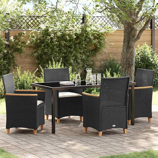 5 Piece Garden Dining Set, Outdoor Patio Furniture with 4 Chairs and Table, Modern Poly Rattan Seating with Cushions and Glass Top, Black