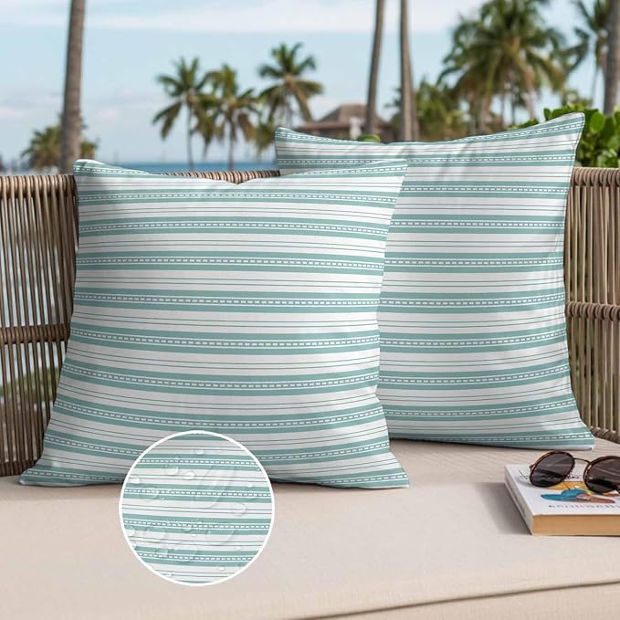 Boho Turquoise Stripe Waterproof Outdoor Pillow Covers Set of 2 Home Decor, Abstract Geometric White Minimalist Pillowcase Patio Pillow Covers for Couch Bench Furniture Garden 26x26in
