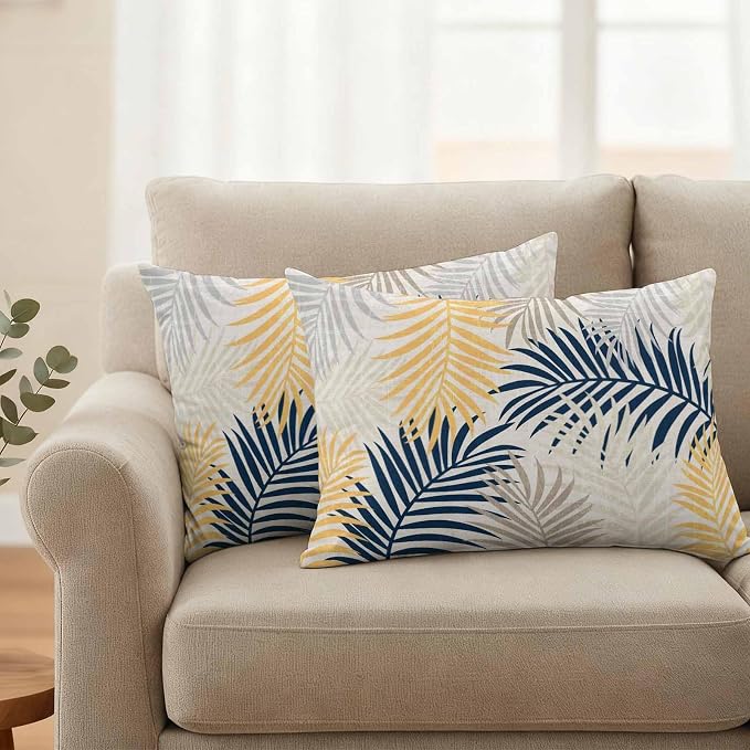 Outdoor Waterproof Throw Pillow Covers, Blue Yellow Palm Leaves Decorative Pillow Cases, Summer Botanical Tropical Leaf Couch Pillow Protector Patio Sofa Cushion Covers Replacement 20"x12" 2 Pack