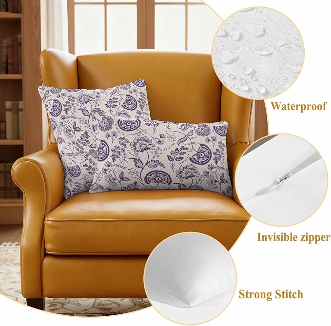 Outdoor Pillow Covers 20x12 Set of 2, Purple Spring Floral Waterproof Patio Throw Pillow Covers for Couch Sofa Chair, Summer Botanical Farmhouse Decorative Pillowcases for Throw Pillows