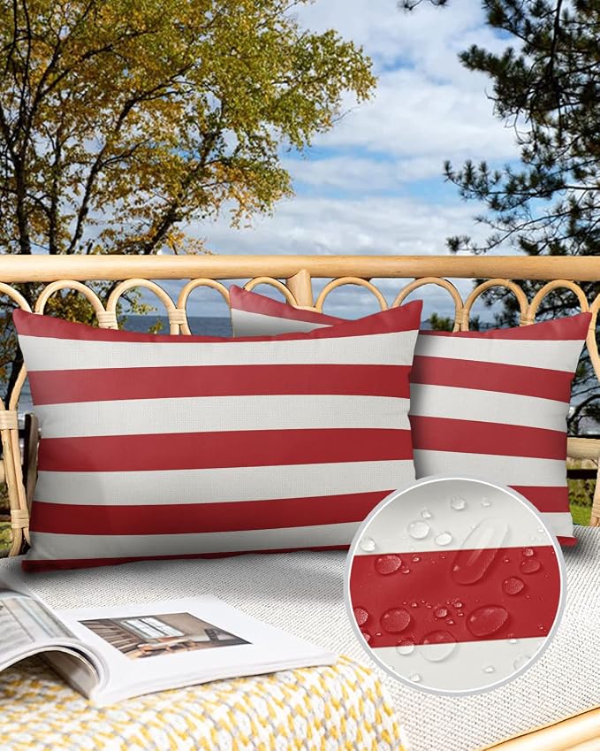 Outdoor Pillows Christmas Stripes Red Waterproof Outdoor Pillow Covers Geometric Red White Polyester Throw Pillow Covers Garden Cushion Decorative Case for Patio Couch Decoration Set of 2