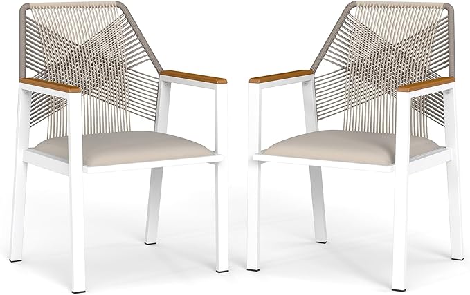 Aluminum Outdoor Patio Dining Chairs - Imitation Rope Vine Chair Ergonomic Backrest Design Detachable Seat Cushion Soft and Breathable Garden Porch, White 2Pcs