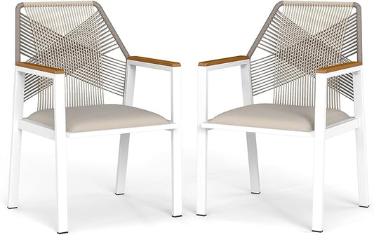 Aluminum Outdoor Patio Dining Chairs - Imitation Rope Vine Chair Ergonomic Backrest Design Detachable Seat Cushion Soft and Breathable Garden Porch, White 2Pcs