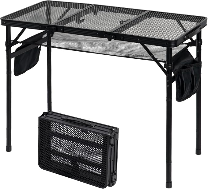 3Ft Foldable Grill Table for Camping, Portable Metal Mesh BBQTable with Dual Side Storage Bags, Lightweight Folding Outdoor Cooking Table for Picnic, RV Travel, Beach & Backyard BBQ