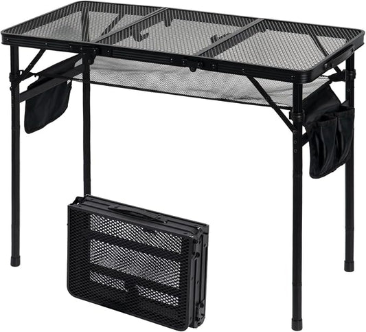 3Ft Foldable Grill Table for Camping, Portable Metal Mesh BBQTable with Dual Side Storage Bags, Lightweight Folding Outdoor Cooking Table for Picnic, RV Travel, Beach & Backyard BBQ