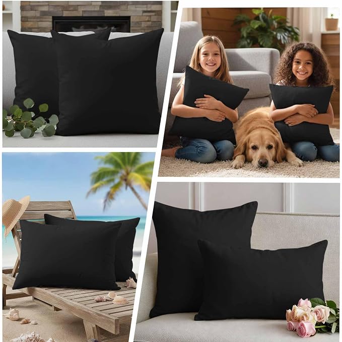 Outdoor Pillow Covers 24 x 24 Inches, Black Pure Color Waterproof Throw Pillow Cover Set of 2, Aesthetics Contemporary Luxury Decorative Square Cushion Covers for Patio/Couch/Garden