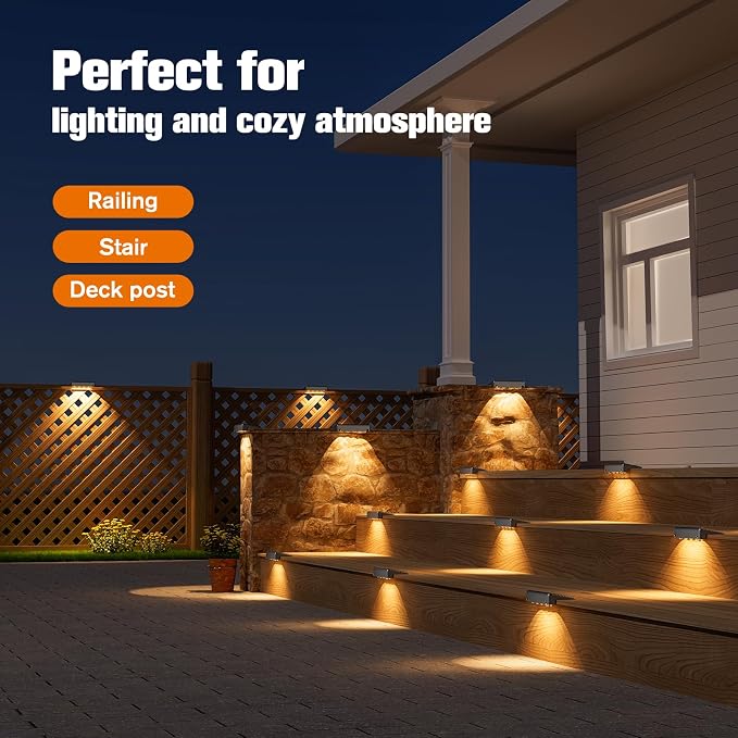 Solar Deck Lights Outdoor 8 Pack, IP65 Waterproof Large Size LED Stair Lights with Lenses, Auto ON Off Warm White Step Lights for Outside, Deck, Patio, Fence, Yard, Pathway and Railing Decor