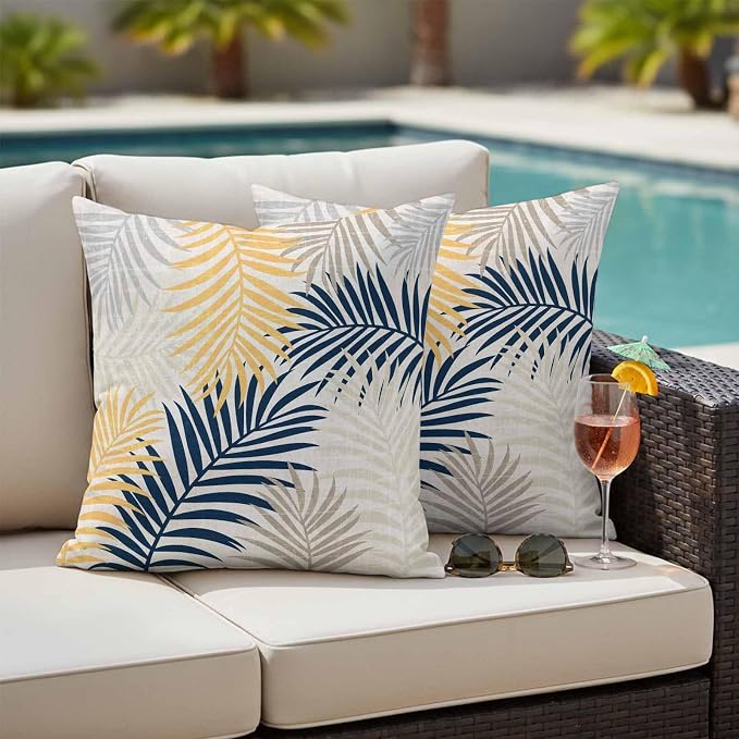 Outdoor Waterproof Throw Pillow Covers, Blue Yellow Palm Leaves Decorative Pillow Cases, Summer Botanical Tropical Leaf Couch Pillow Protector Patio Sofa Cushion Covers Replacement 16"x16" 2 Pack
