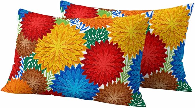 Red Yellow Blue Flowers Outdoor Pillow Covers Waterproof, All Weather Cushion Case Set of 2, Boho Colorful Floral Plant Lumbar Pillowcase for Sofa Couch Bed Decor Patio Furniture 20"x12"