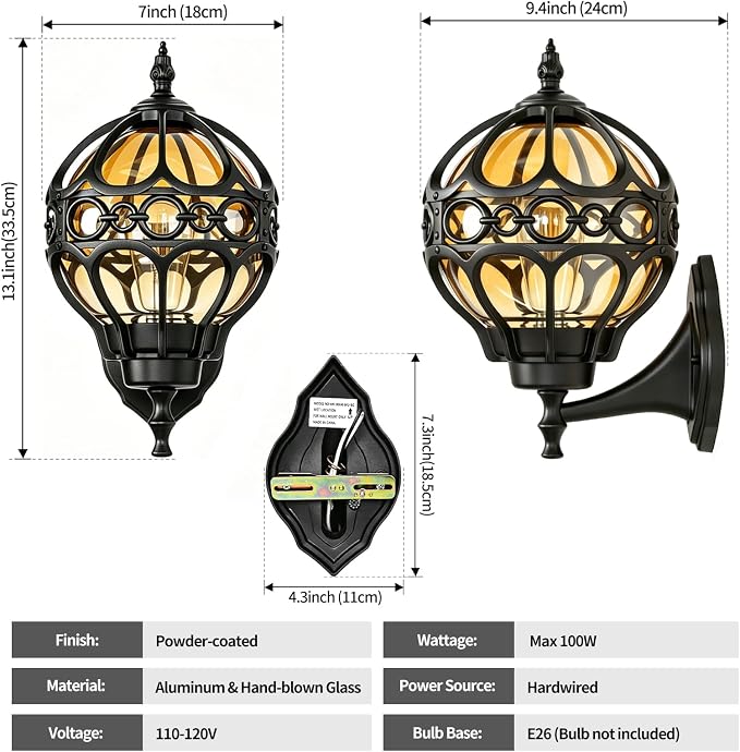 Black Globe Outdoor Wall Lights, Round Exterior Wall Sconce for Patio, Porch, Garage, Anti-Rust Aluminum Wall Mount Lighting Fixture, Classic Wall Lantern with Ornate Cage & Amber Glass, E26 Base