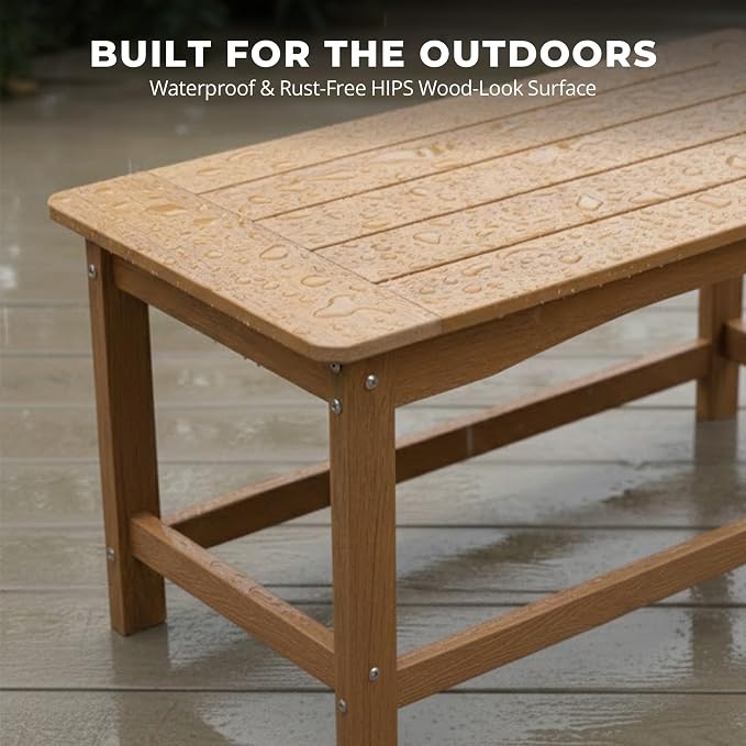 Outdoor Coffee Table, 35.4" x 17.5" All Weather Rectangle Patio Coffee Side Table for Garden Lawn Porch Poolside Balcony (Teak)
