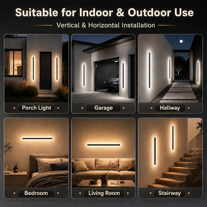 2 Pack 31 inch Modern Outdoor Wall Light, 2700K-6500K Dimmable Long Exterior Wall Sconce with Remote Control, IP65 Waterproof Black Linear Wall Mount Lighting for Patio, Garage, Hallway