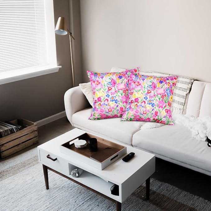 TAJWE Outdoor Pillow Covers 18x18 Inch Set of 2 Colorful Floral Waterproof Throw Pillowcases Modern Farmhouse Wild Flower Decorative Square Cushion Cases for Patio Furniture Garden Bench Porch Decor
