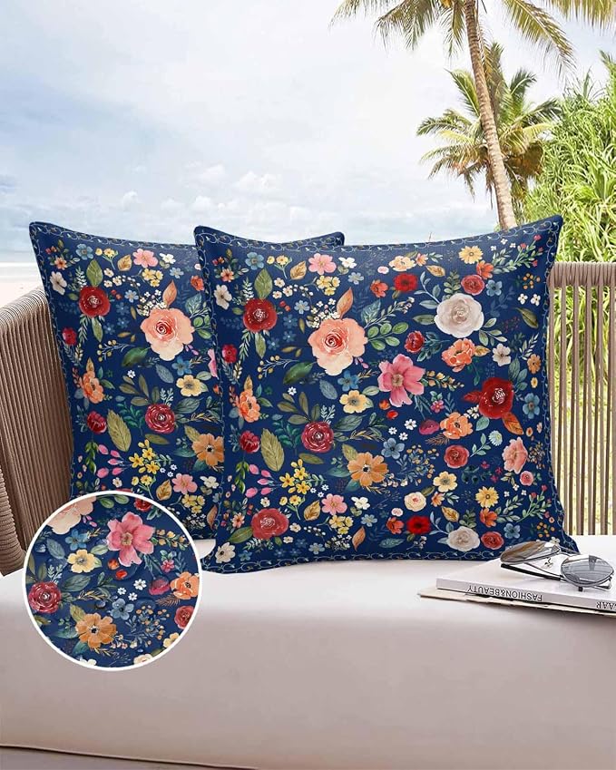 Vandarllin Outdoor Throw Pillows Covers 24x24 inch Set of 2 Waterproof Navy Blue Floral Decorative Zippered Cushion Covers for Patio Furniture, Farmhouse Vintage Flower Lumbar Pillowcases